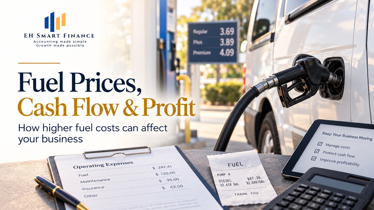 Fuel pump beside a commercial vehicle with business expense records illustrating how fuel prices affect business cash flow and profit